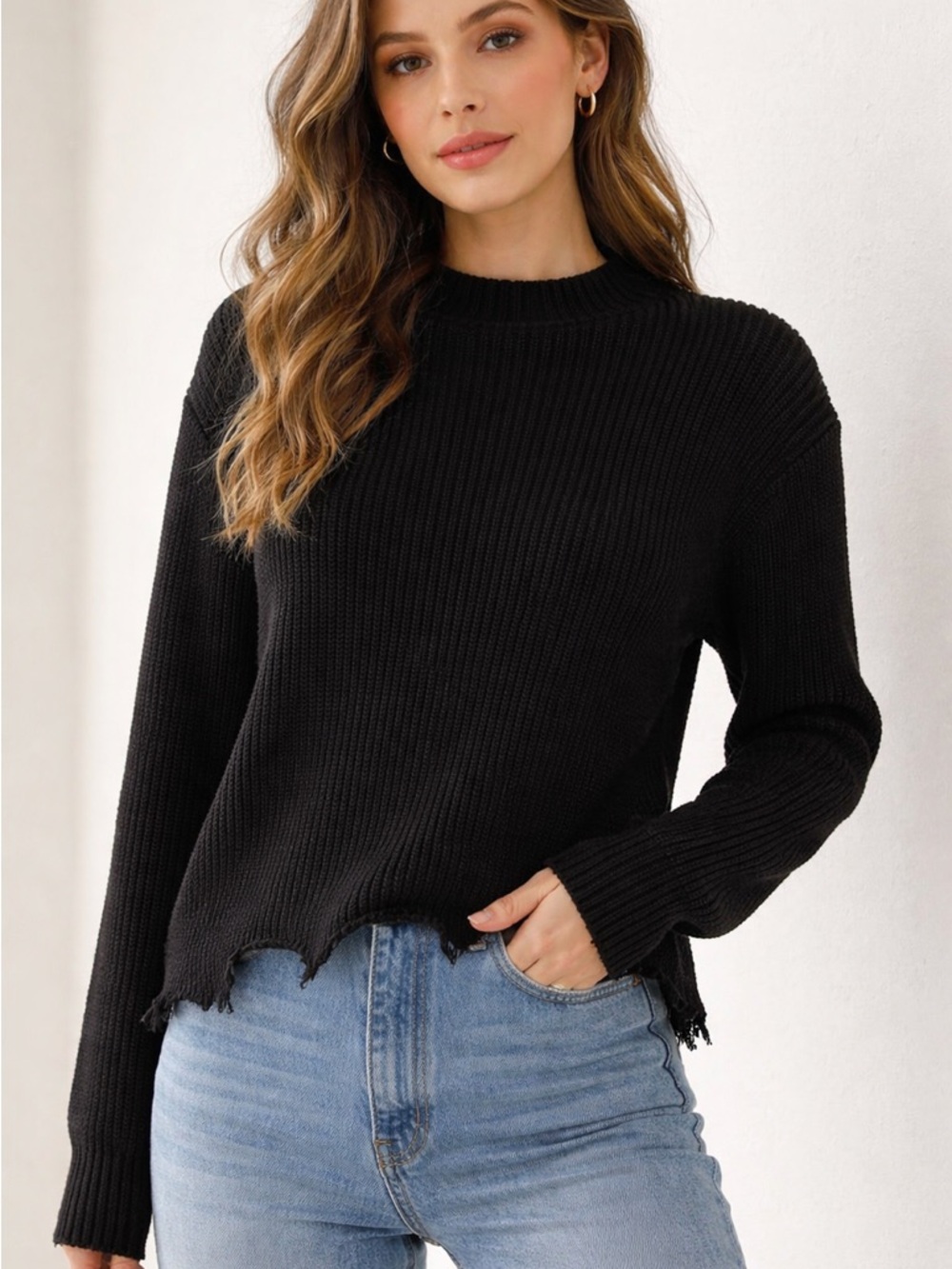 For The Republic Distressed Black Women's Cowl Neck Frindge Sweater. Size medium